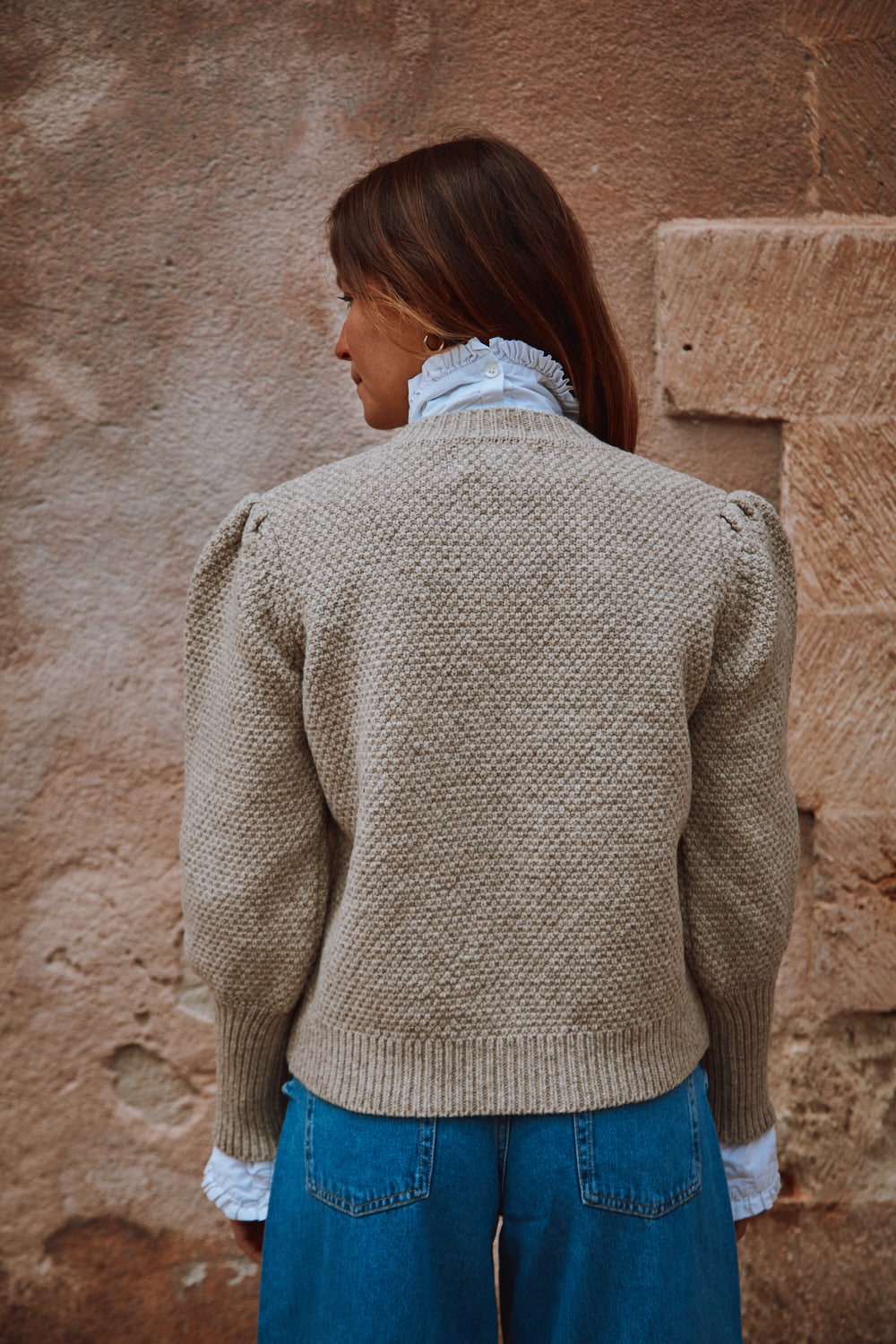 ANAIS Gilet à manches bouffantes en laine mérinos - Beige - Cardigan espagnol en laine mérinos - L'Envers