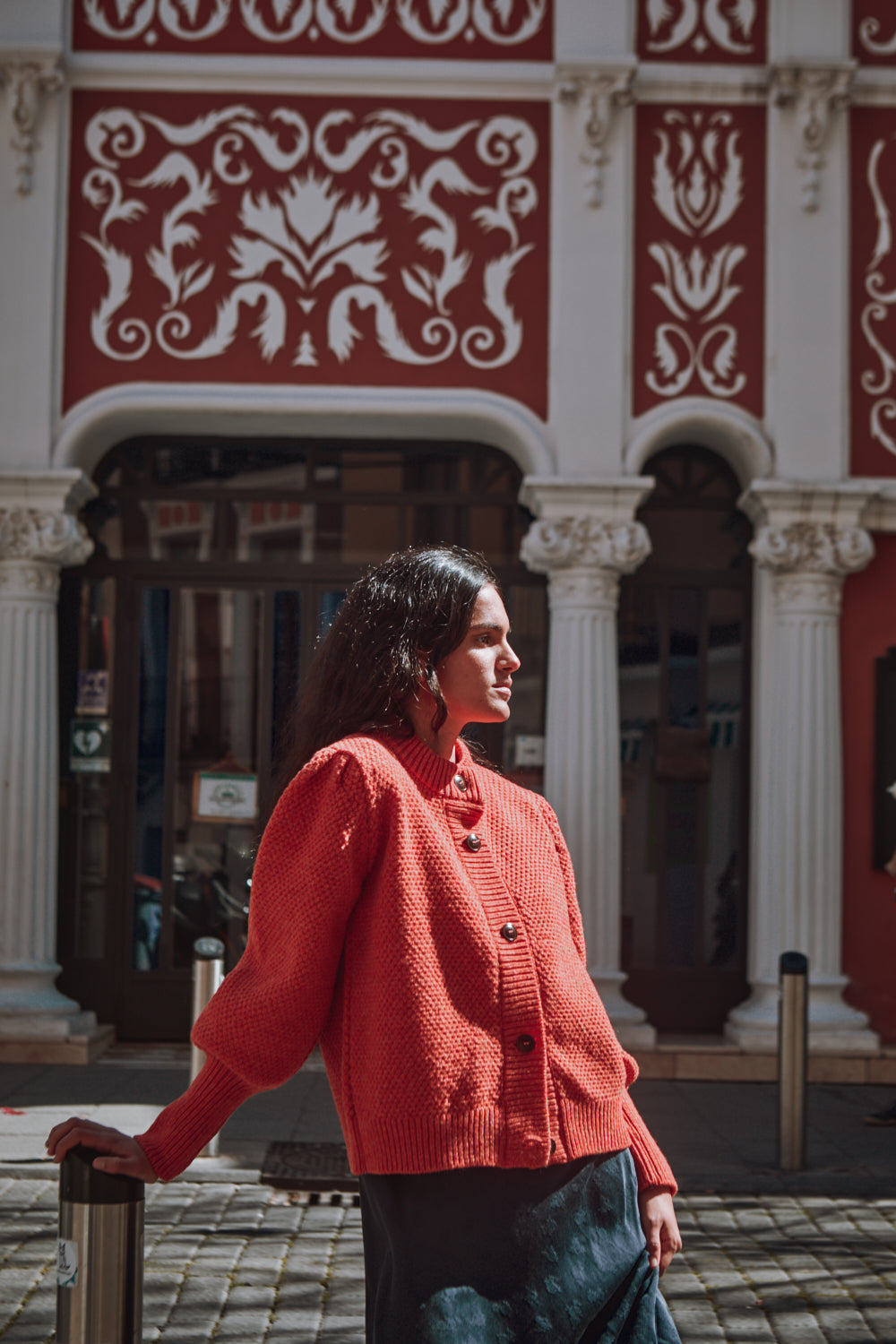 ANAIS Cardigan Manches bouffantes en laine mérinos - Corail