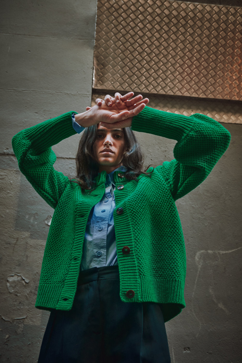ANAIS Cardigan Manches bouffantes en laine mérinos - Vert perroquet