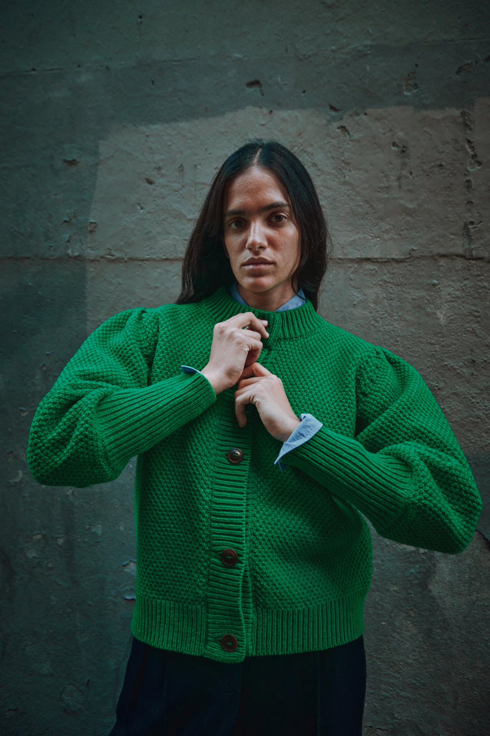 ANAIS Cardigan Manches bouffantes en laine mérinos - Vert perroquet