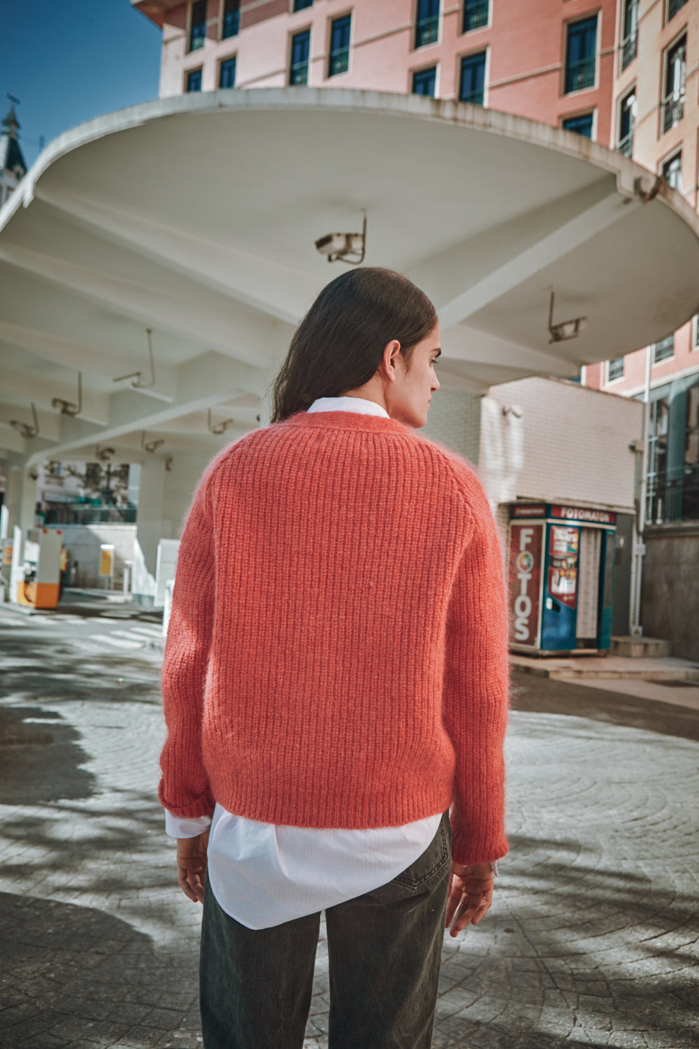Cardigan ANNA à col V en laine mérinos-mohair - Corail