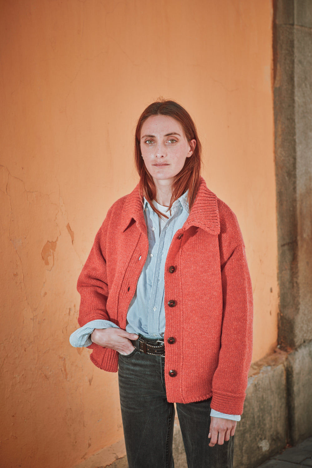 Veste en maille CALAMITY en laine mérinos - Coral