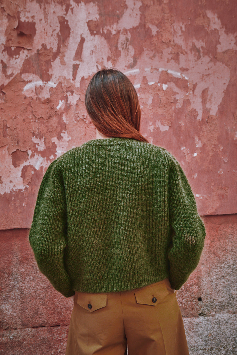 Cardigan à col rond CHARLOTTE en laine mérinos-mohair - Vert olive