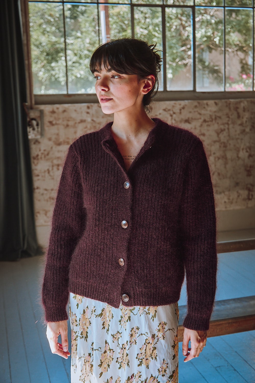 CHARLOTTE Round Neck Cardigan in Merino Mohair Wool Plum