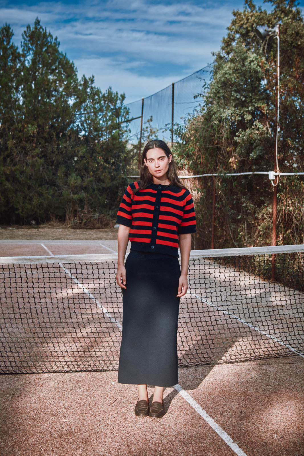 L'Envers - CLARISSE Cardigan à manches courtes en coton biologique - Rayures bleu marine et rouges