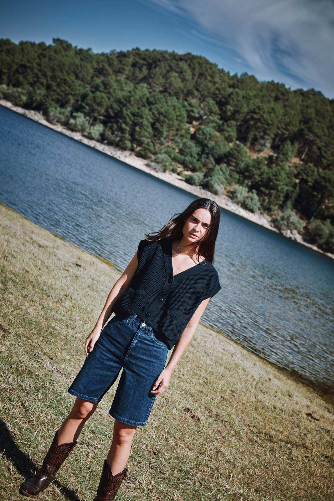 ELEONORE Cardigan sans manches à col en V en coton biologique - Bleu marine