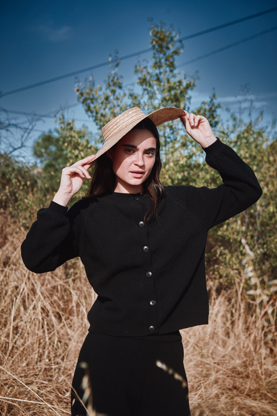 GABY Cardigan à manches bouffantes en coton bio - Noir