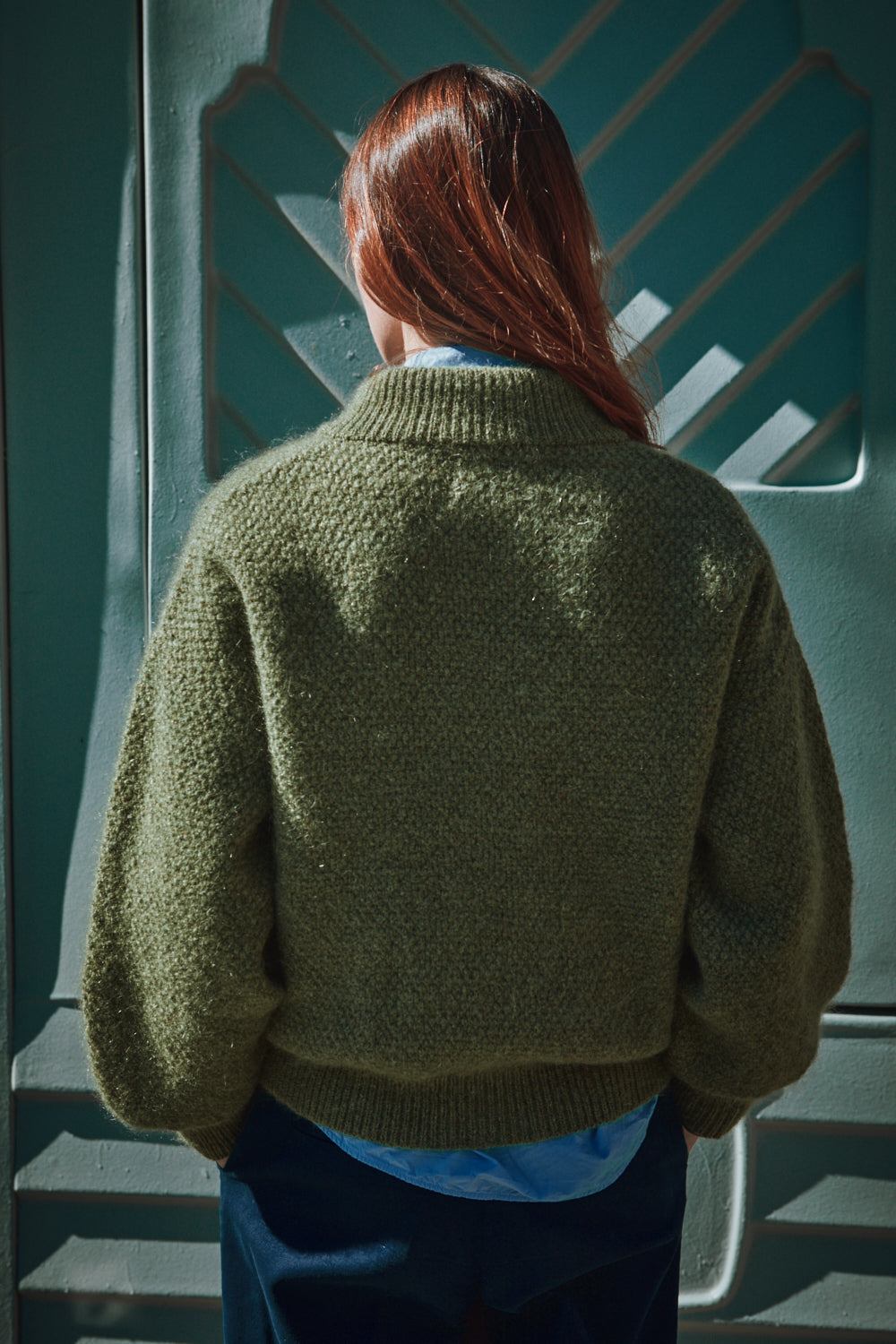GEORGE Veste cardigan à col montant en laine mérinos-mohair - Vert olive