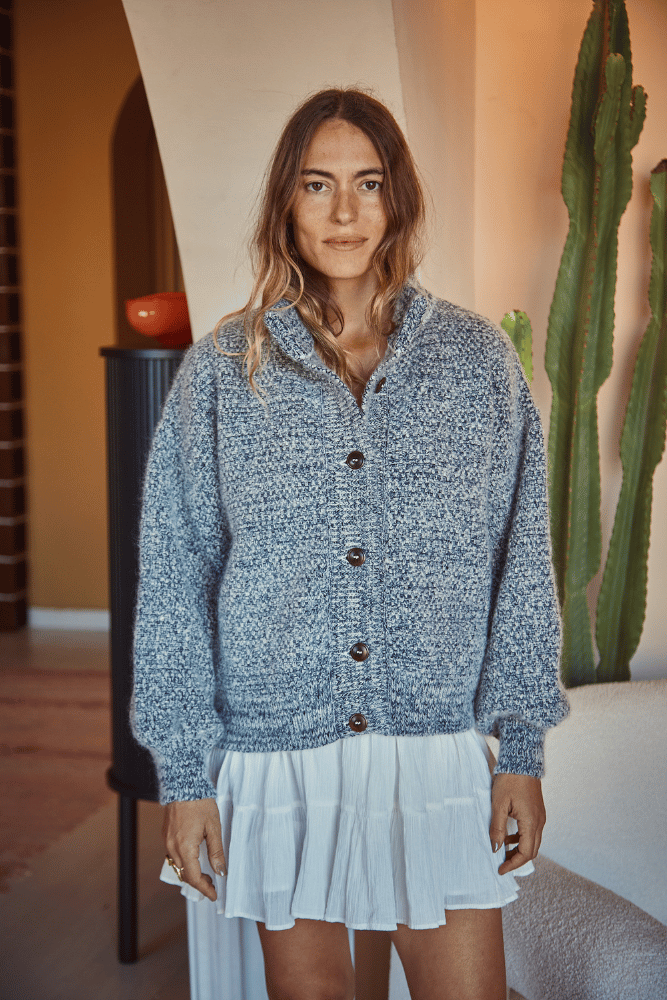 Veste cardigan à col montant GEORGE, bleu chiné - Laine naturelle mérinos-mohair - L'Envers