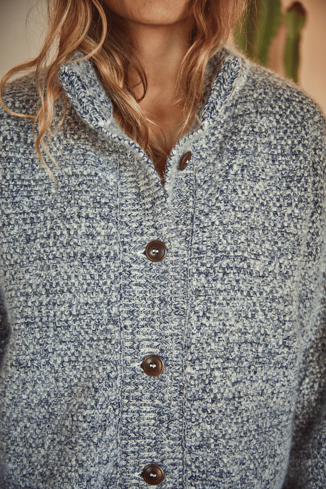 Veste cardigan à col montant GEORGE, bleu chiné - Laine naturelle mérinos-mohair - L'Envers