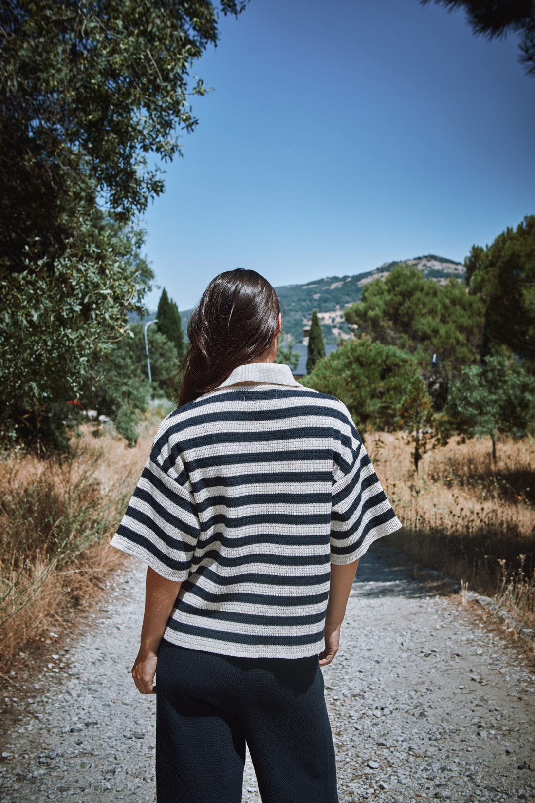 LILI Polo oversize en coton bio - Rayures bleu marine et écru