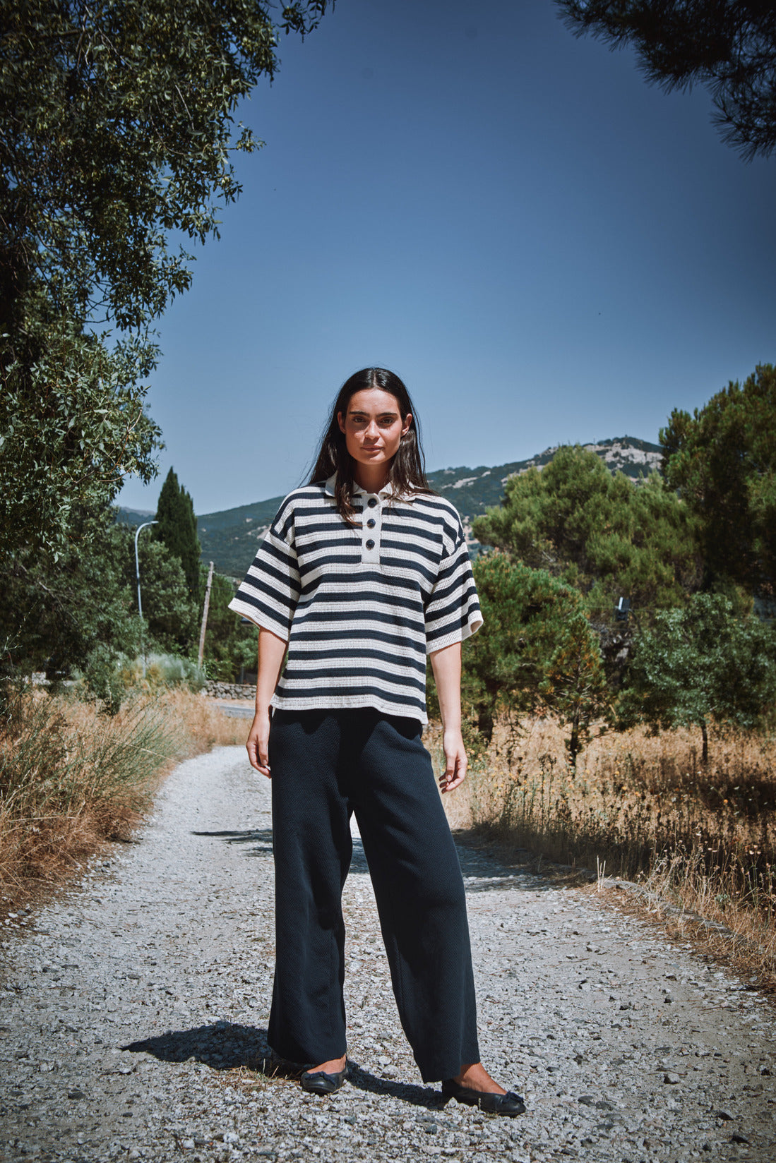 LILI Polo oversize en coton bio - Rayures bleu marine et écru