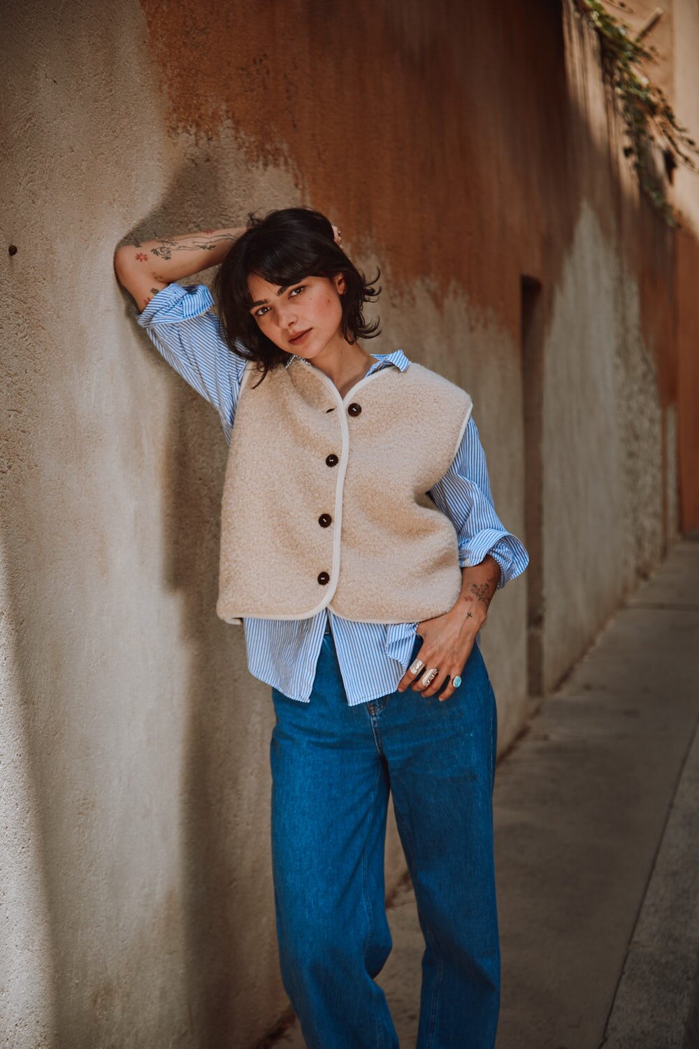 LUCE Gilet de berger en alpaga bouclé - Beige clair