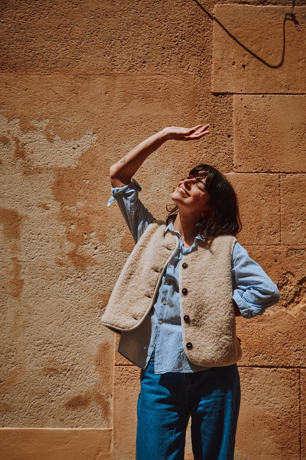 LUCE Gilet de berger en alpaga bouclé - Beige clair