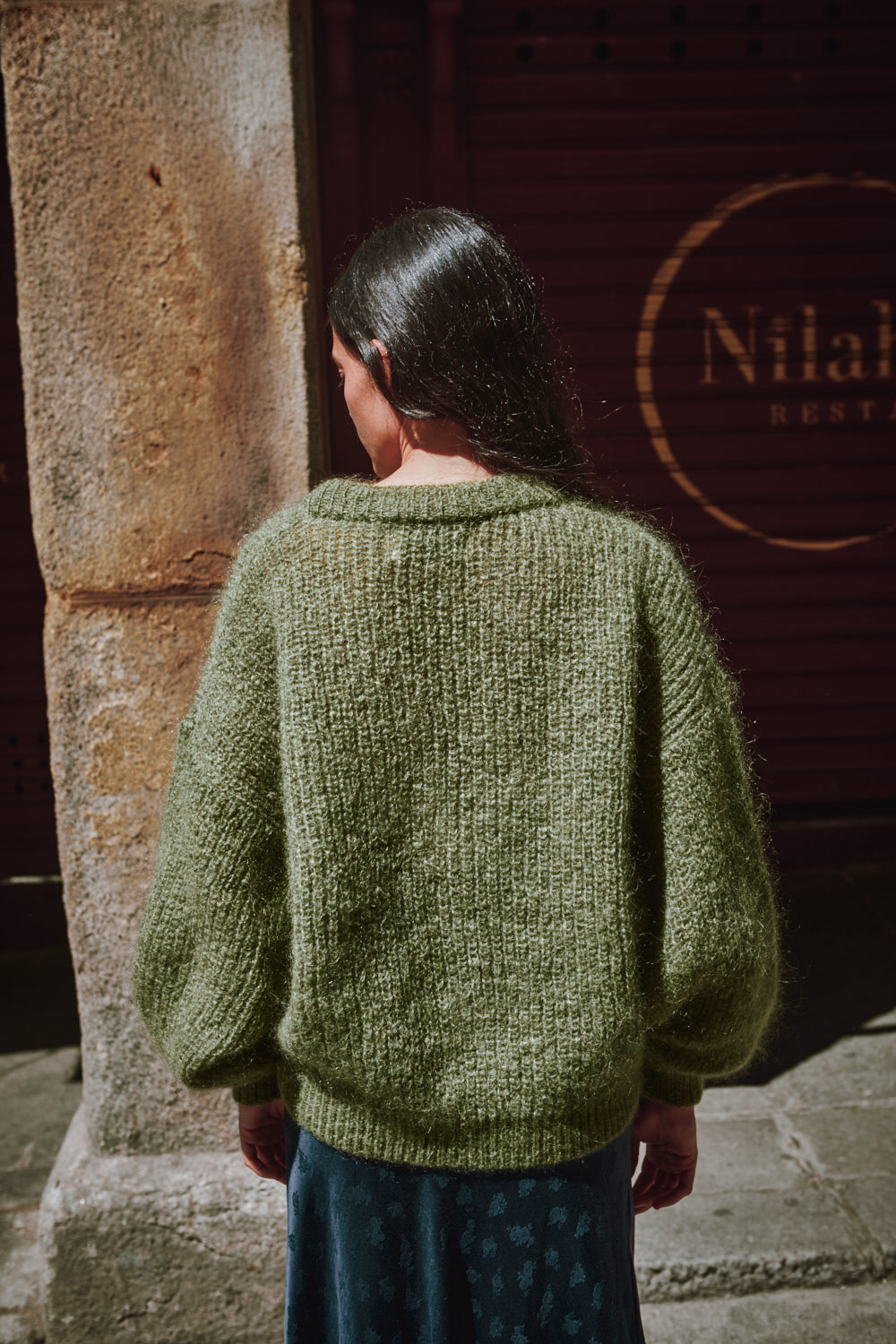 LUCIE Pull chauve-souris en laine mohair - Vert olive