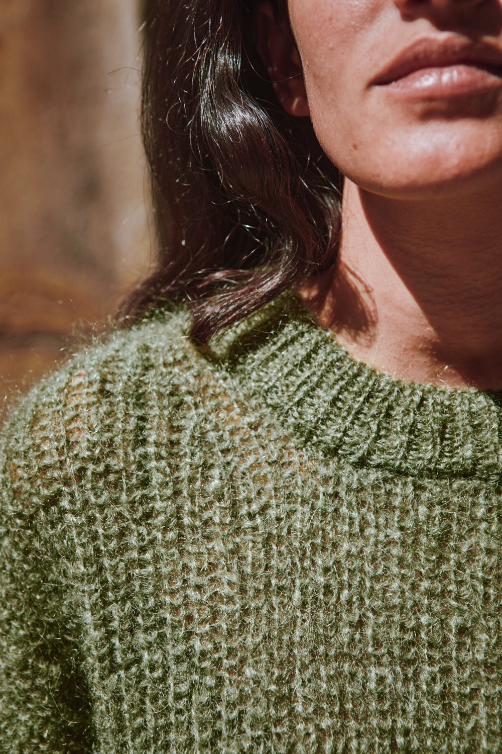 LUCIE Pull chauve-souris en laine mohair - Vert olive