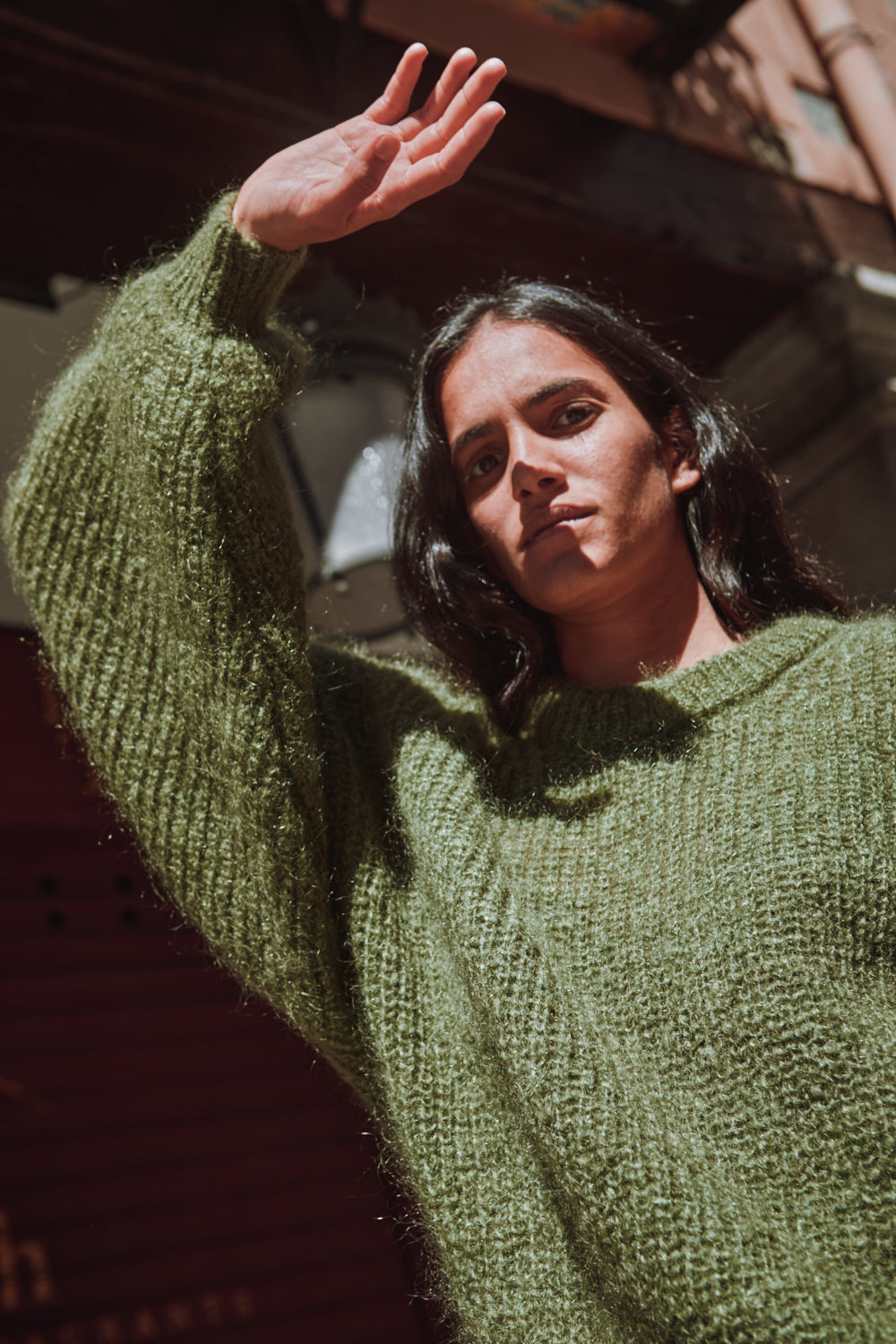 LUCIE Pull chauve-souris en laine mohair - Vert olive