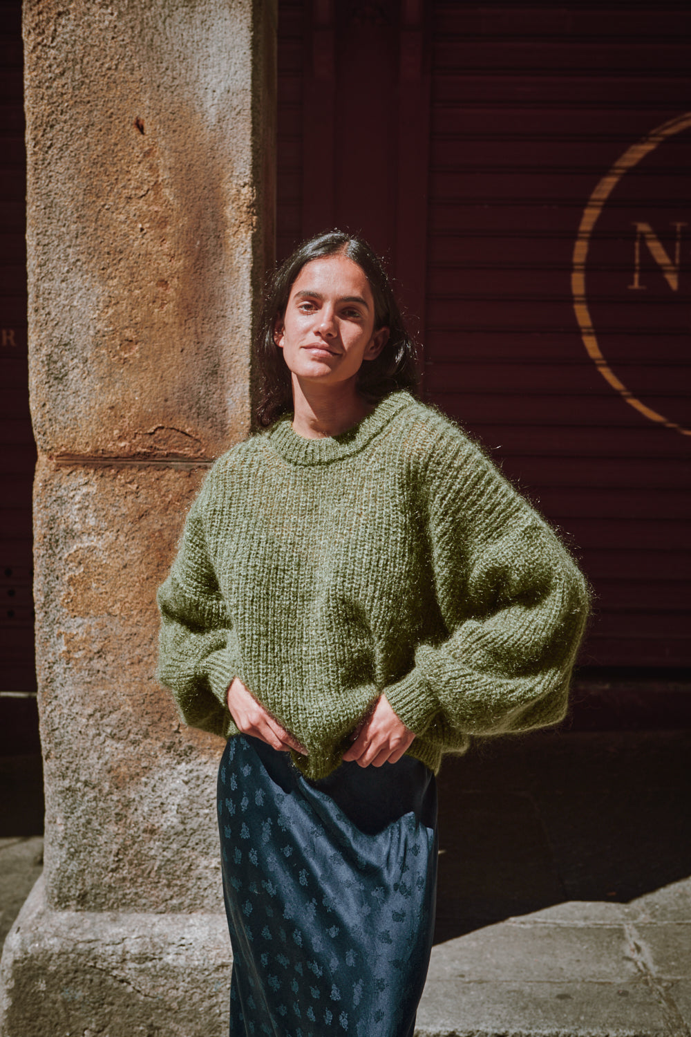 LUCIE Pull chauve-souris en laine mohair - Vert olive
