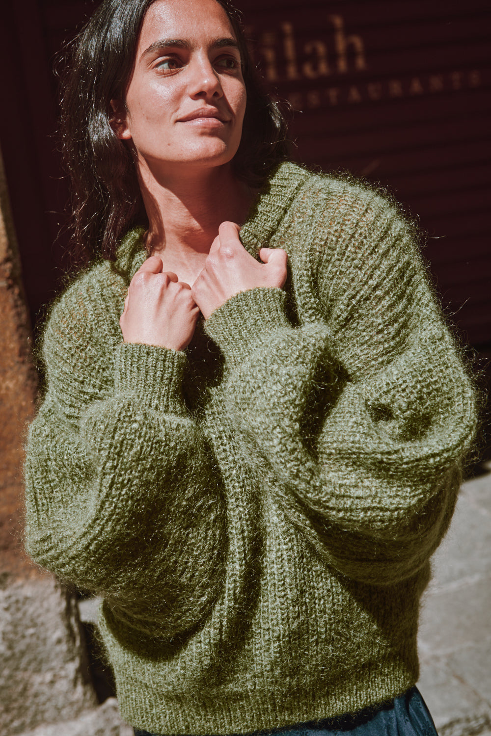 LUCIE Pull chauve-souris en laine mohair - Vert olive