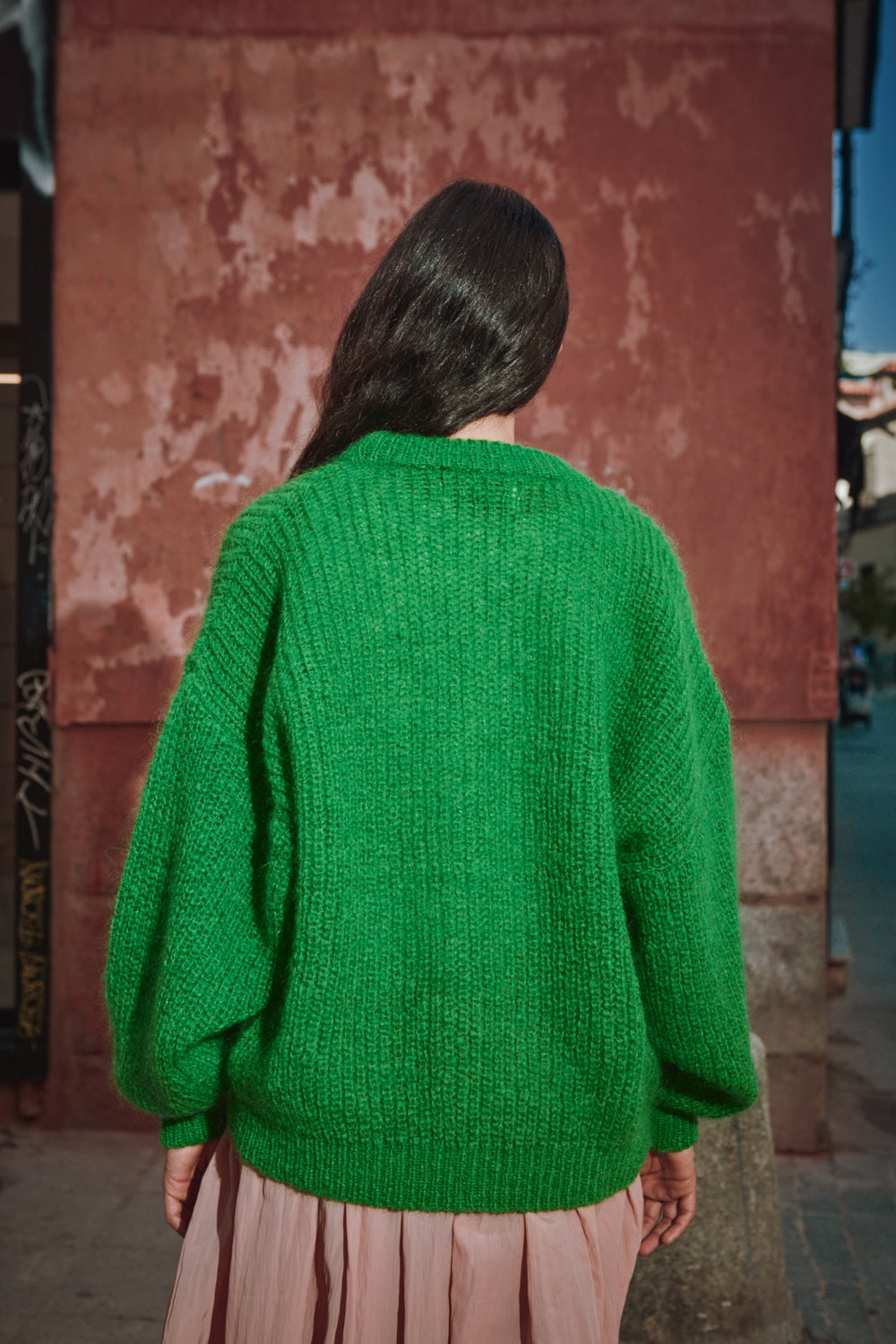 LUCIE Pull chauve-souris en laine mohair - Vert perroquet