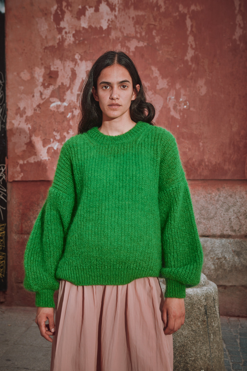LUCIE Pull chauve-souris en laine mohair - Vert perroquet