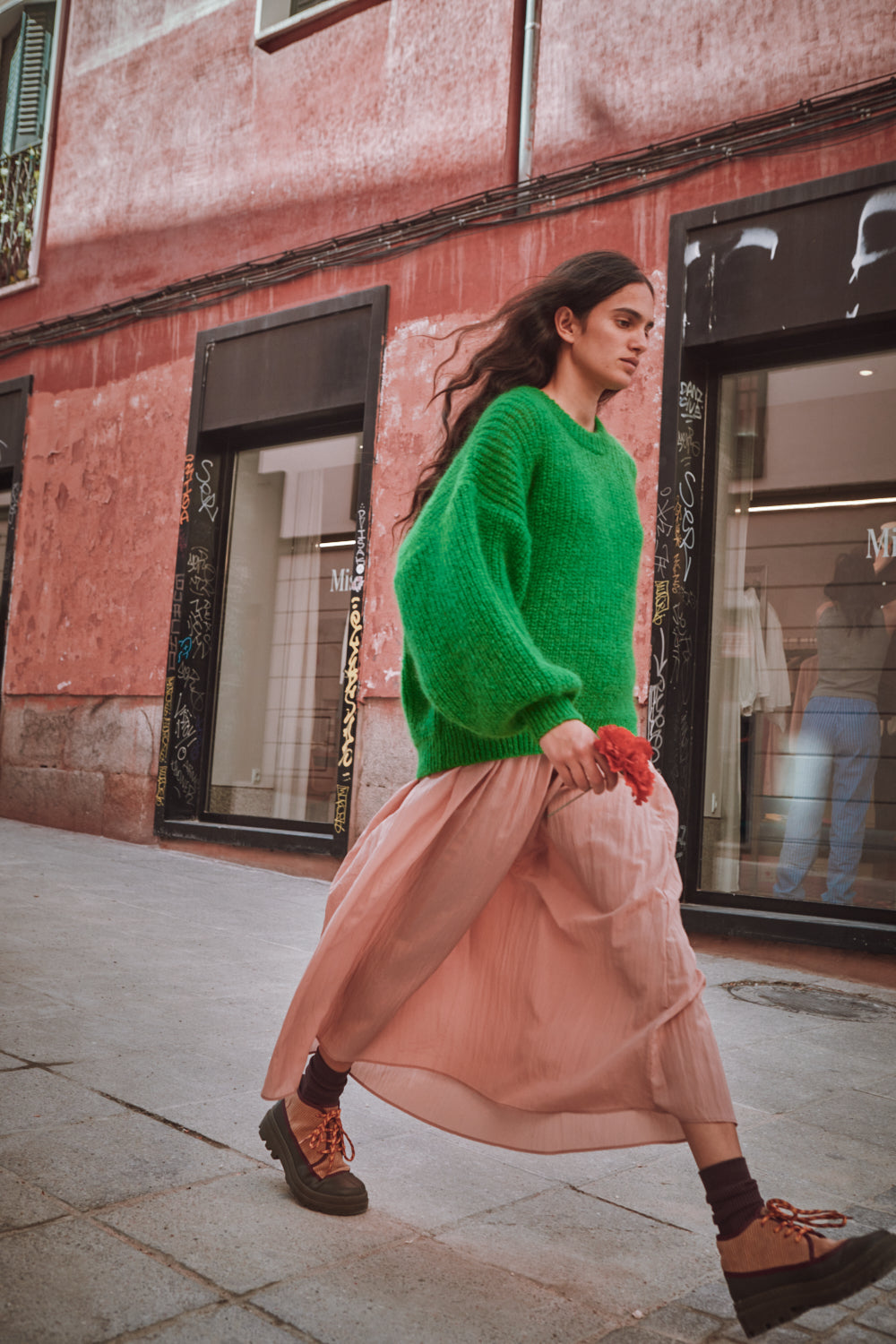 LUCIE Pull chauve-souris en laine mohair - Vert perroquet