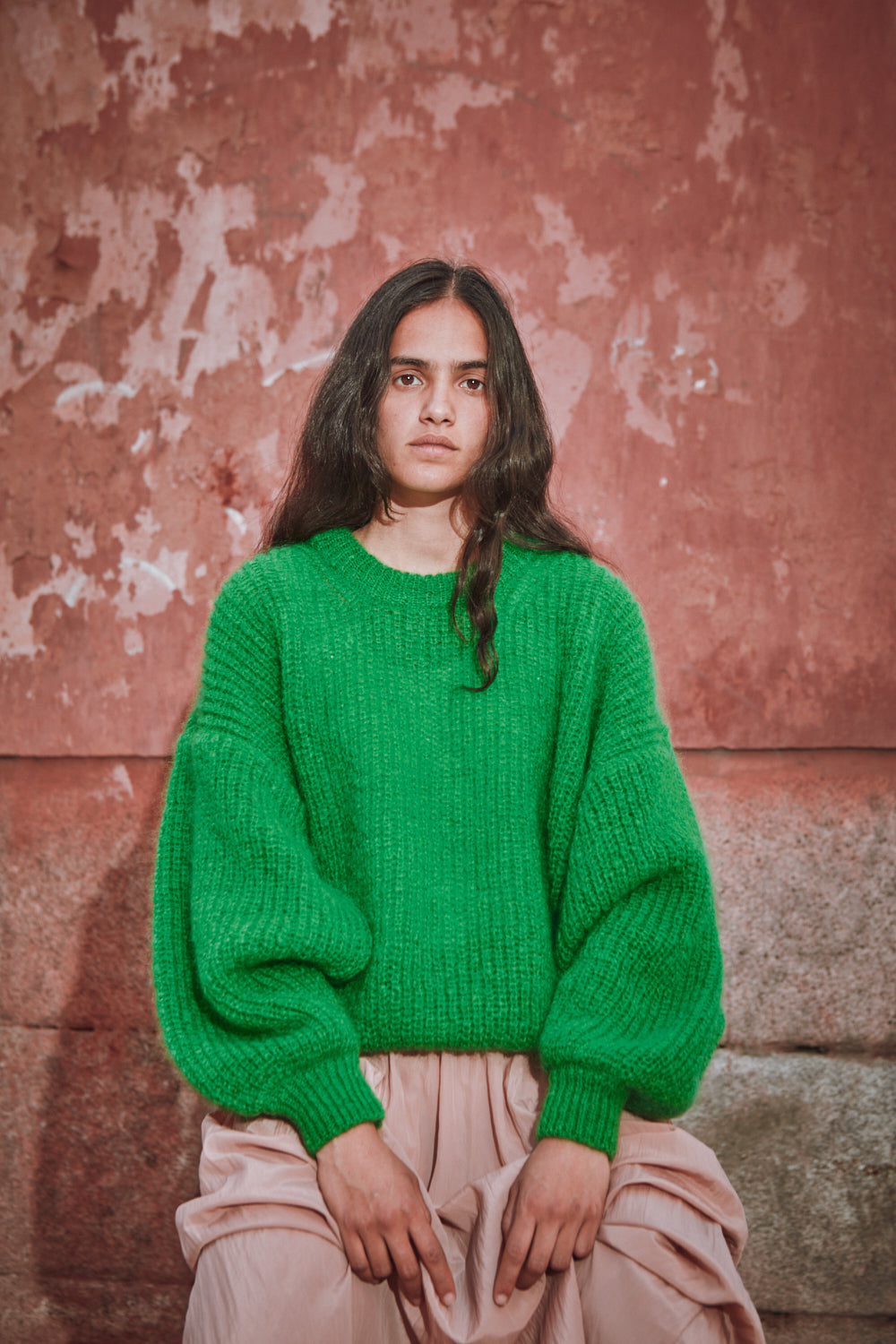 LUCIE Pull chauve-souris en laine mohair - Vert perroquet