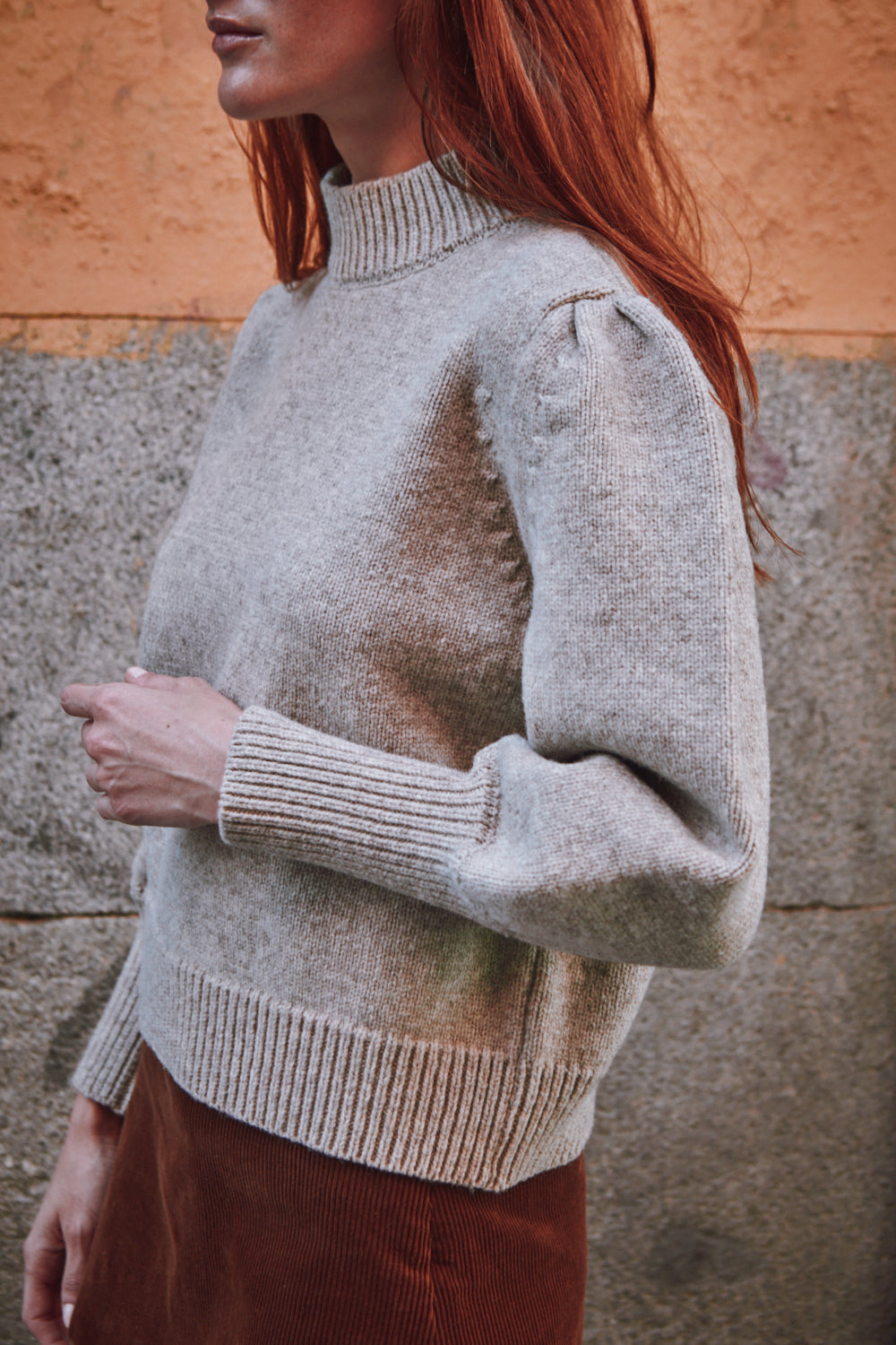 NATHALIE Pull Manches bouffantes en laine mérinos - Beige