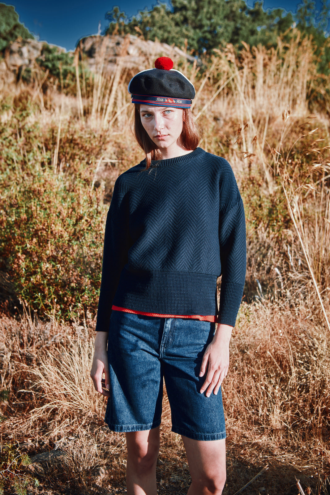 NELLIE Pull à chevrons en coton bio - Bleu marine