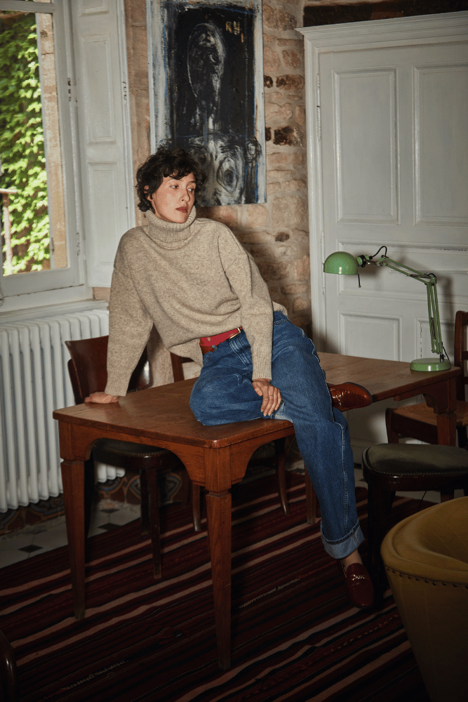 Pull à col roulé THÉRÈSE en beige - 100% laine mérinos sans cruauté - L'Envers