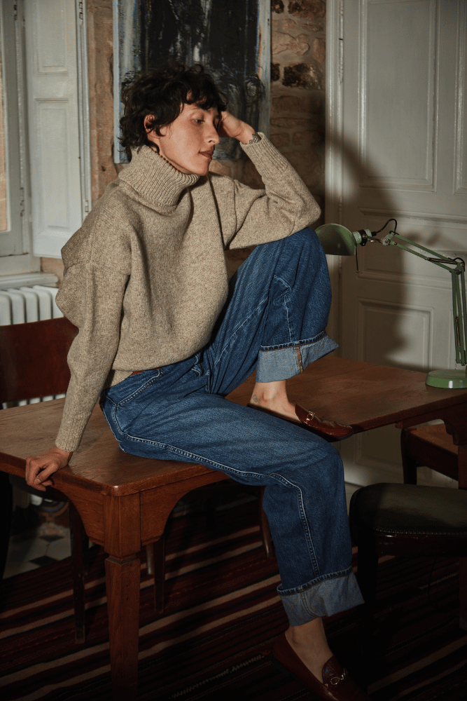 Pull à col roulé THÉRÈSE en beige - 100% laine mérinos sans cruauté - L'Envers