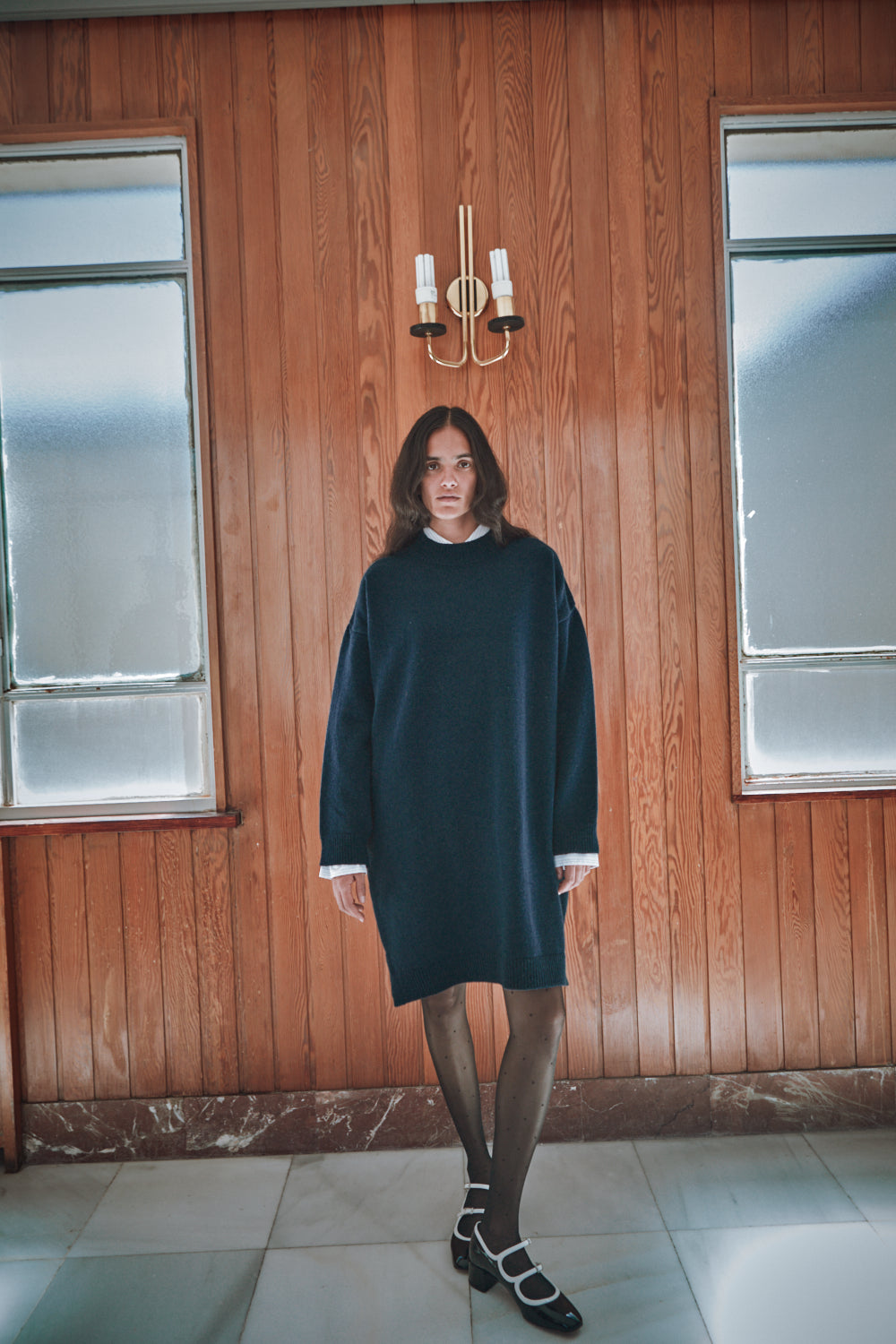 PERRINE Robe courte en laine mérinos - Bleu marine - L'Envers