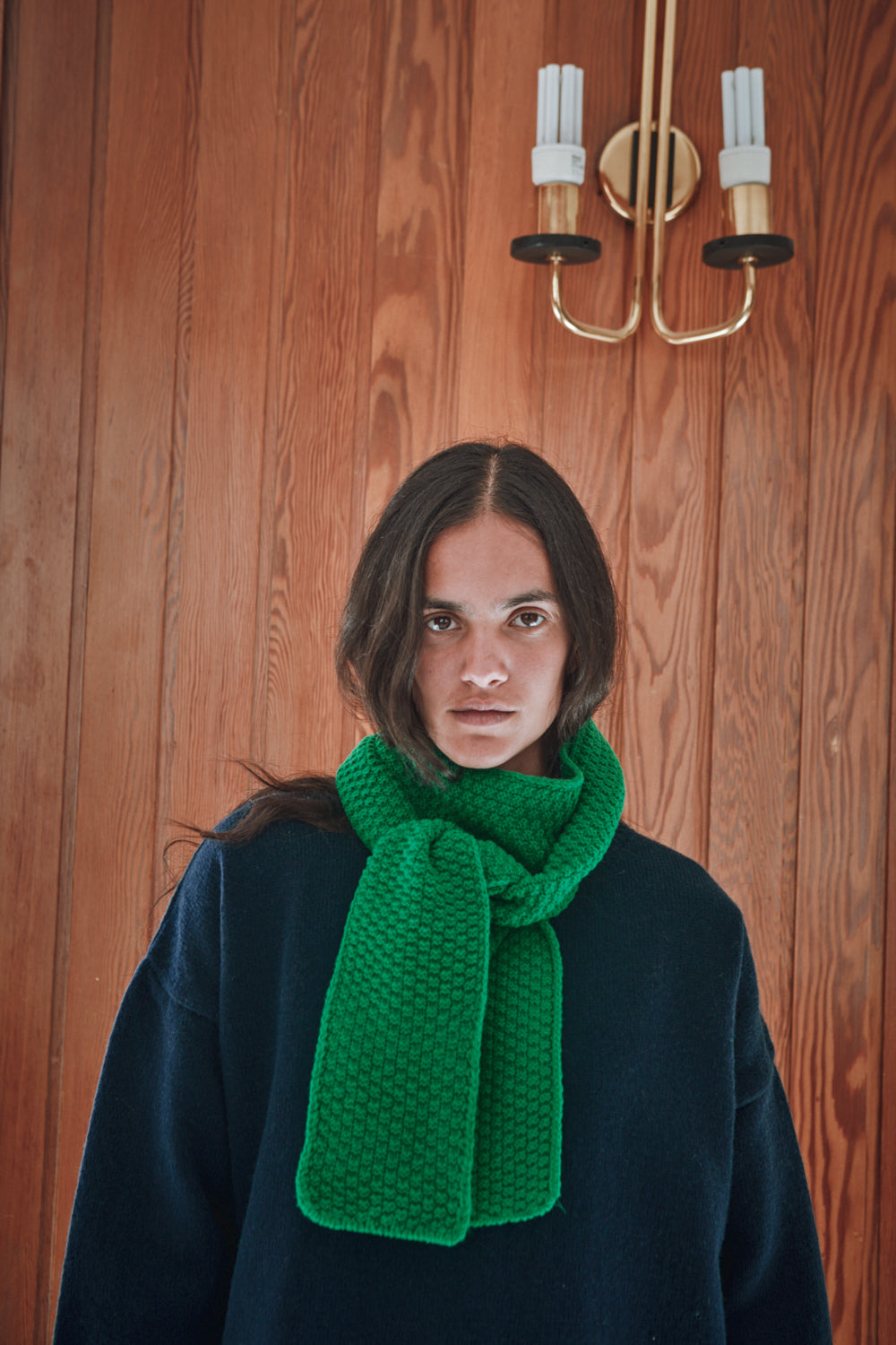 Personne portant une écharpe verte et un manteau sombre dans un intérieur avec des murs en bois et une fenêtre.