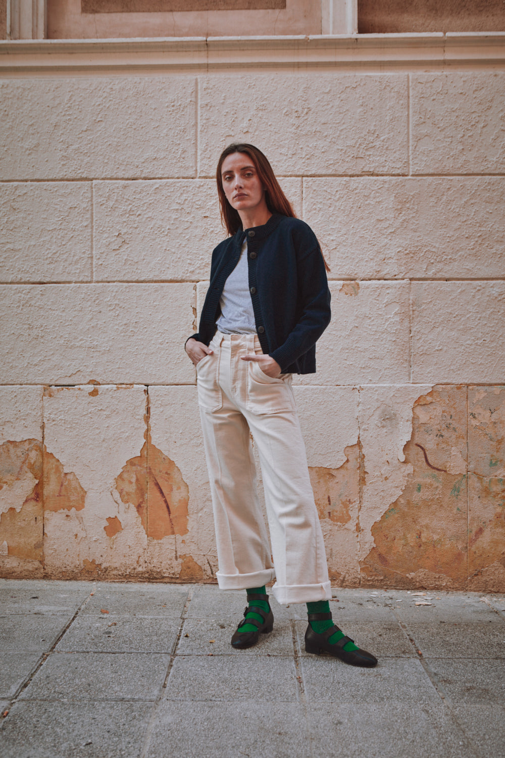 SANDRA Cardigan à col cheminée en laine mérinos - Bleu marine