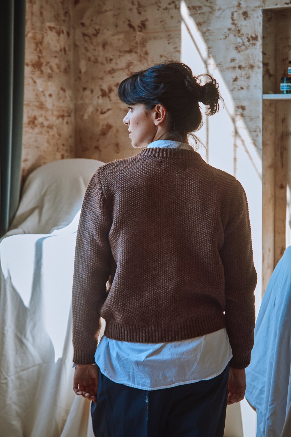 SONIA Cardigan torsadé en laine mérinos - Chocolat Tricot 100% cruelty- free and sustainable - L'envers 